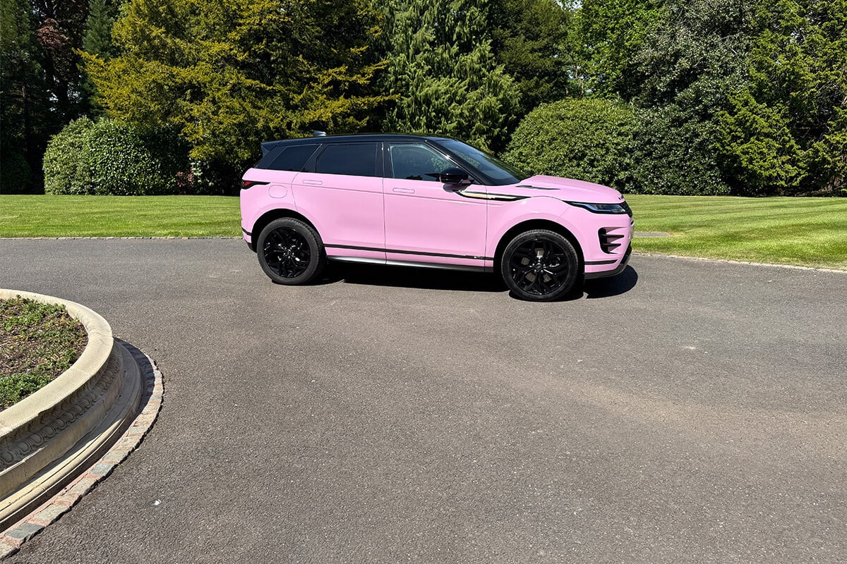 Metallic pink Range Rover Evoque completed sustainable vinyl wrap